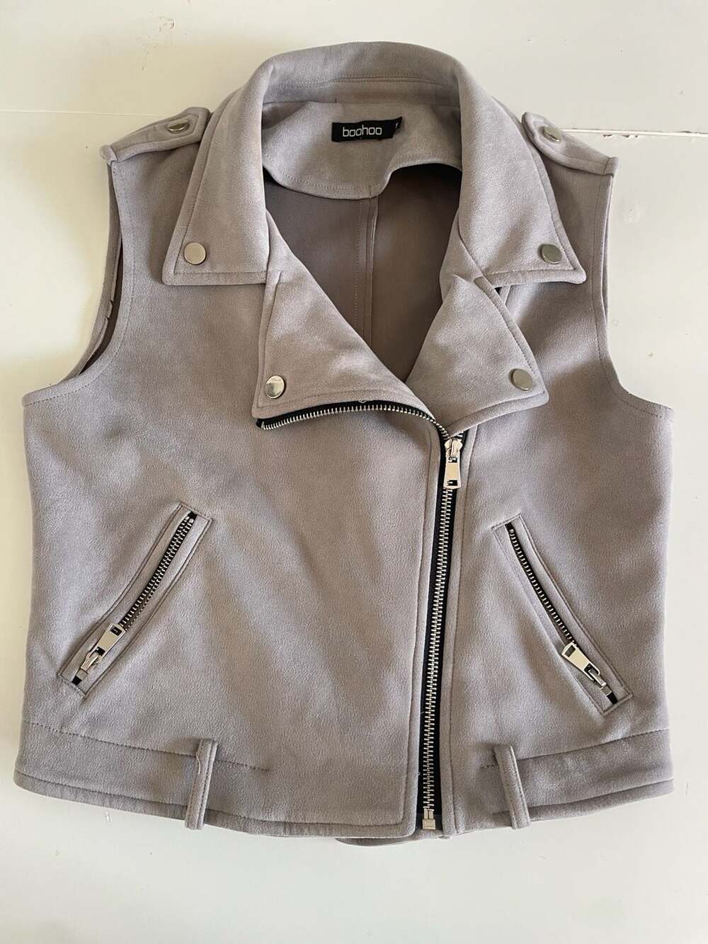 Gray Suede Moto Biker Vest with Silver Zippers